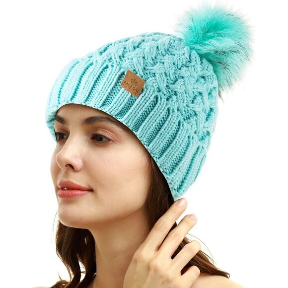 Women’s Mint Winter Ribbed Beanie Hat Chunky Cable Knit Pompom Warm main image 5